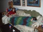 Becky, George, & Katie napping together on the couch.