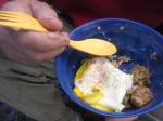 Turkey brats w/stuff mixed in, eggs, oatmeal and coffee