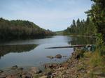 Looking west back at Caribou. Low water level = rocky landing