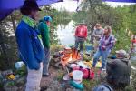 Vicki, Dan and Michael host the bushwhacker's party at their campsite.