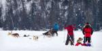 Mike catches some air in the sled as he crosses a snowbank. Brian and Dan look on.