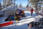 We stop in for a visit to the Shell Lake camp made by the Midwest Mountaineering group. A few of them (Ted and Wendy Paulsen) have been camped here since before New Years.