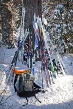 Skis piled up at the Midwest Mountaineering campsite.